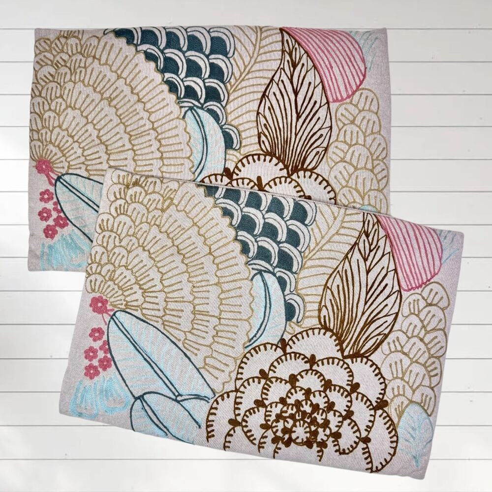 Bloomingville (2) Pillow Covers Embroidered Floral Lumbar Cotton Boho 24” x 16”